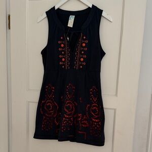 Anthropologie navy and orange embroidered dress